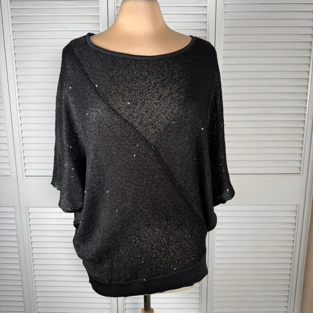 Matty M Black Sequin Dolman Knit‎ Top XL NWT Sheer Sparkle Chic